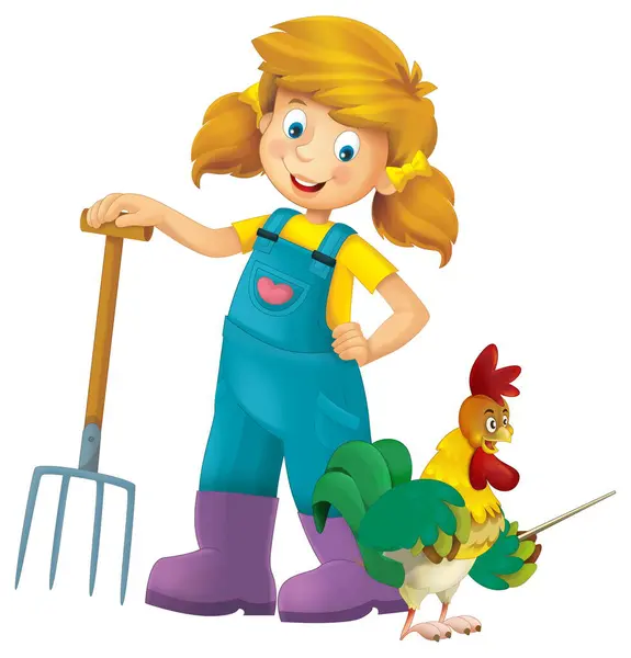 Adegan Kartun Dengan Gadis Petani Berdiri Dengan Garpu Rumput Dan Stok Gambar Bebas Royalti