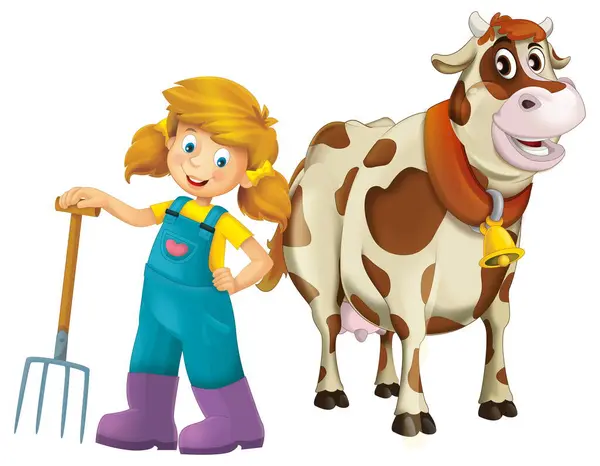子供のためのピッチフォークと農場の動物の牛の雄牛と立っている農民の少女の漫画のシーン ストックフォト