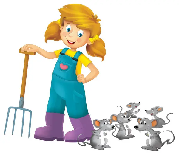 Cartoon Scene Farmer Girl Standing Pitchfork Farm Animal Mouse Rat Stock Image