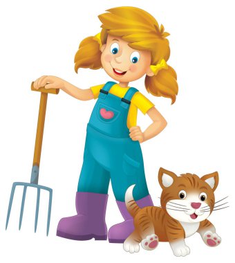 Çiftçi kızın elinde yaba ve çiftlik kedisi kedisiyle durduğu karikatür sahnesi çocuklar için izole edilmiş arka plan resmi.