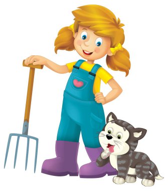 Çiftçi kızın elinde yaba ve çiftlik kedisi kedisiyle durduğu karikatür sahnesi çocuklar için izole edilmiş arka plan resmi.