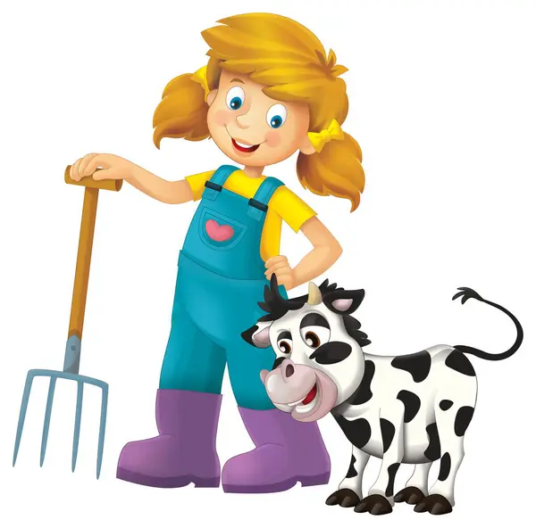 子供のためのピッチフォークと農場の動物の牛の子牛の孤立した背景の悪夢と立っている農家の少女との漫画のシーン — ストック写真