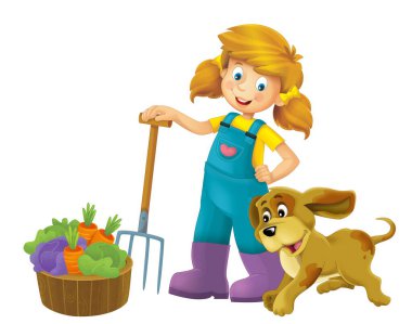 Çiftçi kızın elinde yaba ve çiftlik hayvanlarıyla durduğu karikatür sahnesi çocuklar için izole edilmiş arka plan çizimi.