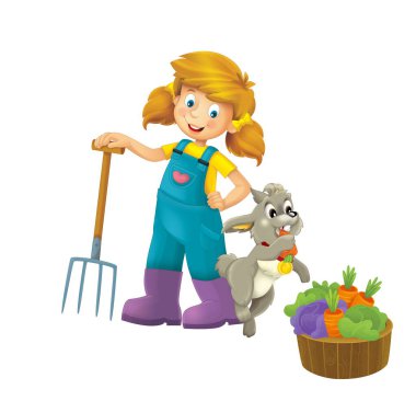 Çiftçi kızın elinde yabayla durduğu çizgi film sahnesi ve çiftçi tavşan tavşan çocuklar için izole edilmiş arka plan çizelgesi.