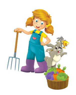 Çiftçi kızın elinde yabayla durduğu çizgi film sahnesi ve çiftçi tavşan tavşan çocuklar için izole edilmiş arka plan çizelgesi.