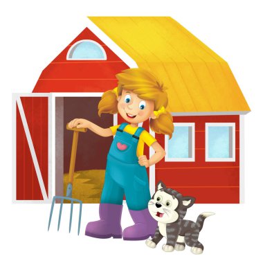 Çiftçi kızın elinde yaba ve çiftlik kedisi kedisiyle durduğu karikatür sahnesi çocuklar için izole edilmiş arka plan resmi.