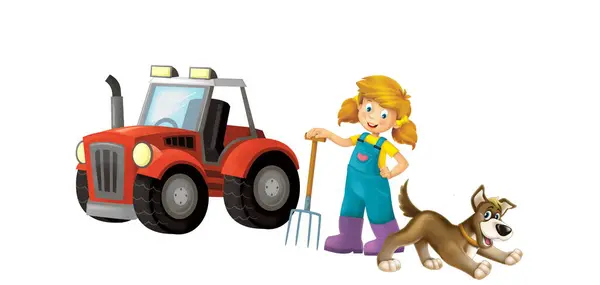 Adegan Kartun Dengan Gadis Petani Berdiri Dengan Garpu Rumput Dan Stok Foto Bebas Royalti