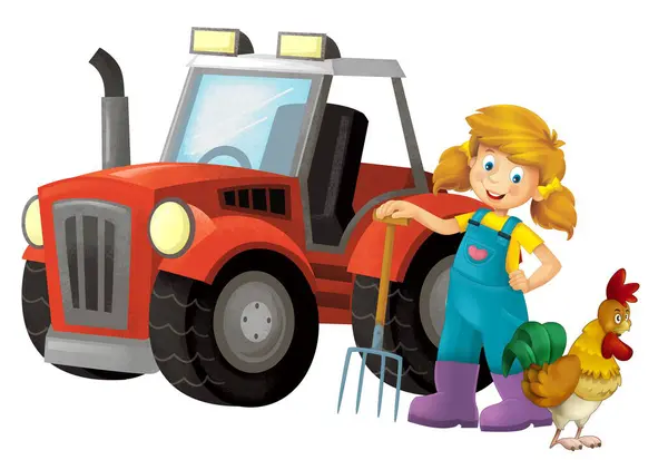 Adegan Kartun Dengan Gadis Petani Berdiri Dengan Garpu Rumput Dan Stok Lukisan  