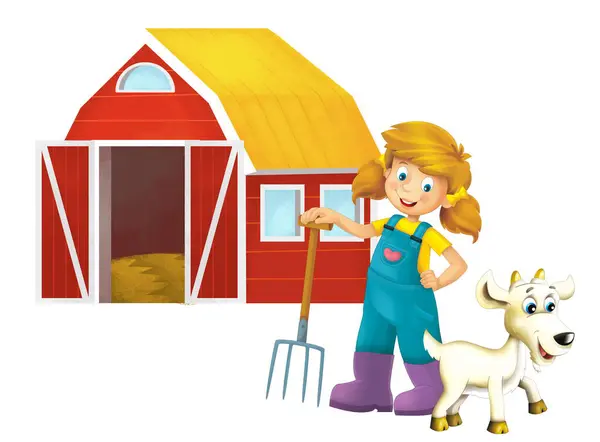 Kreslená Scéna Farmářskou Dívkou Stojící Vidlemi Farma Zvíře Koza Izolované Stock Snímky