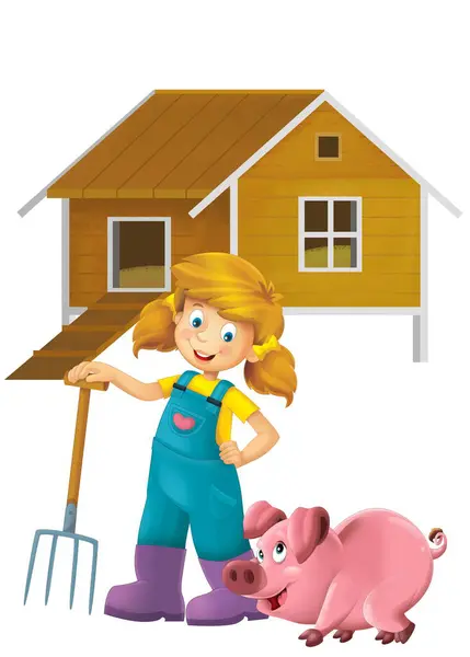Cartoon Scene Farmer Girl Standing Pitchfork Farm Animal Pig Hog Stock Picture