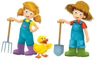 Çiftçi kız ve oğlanın elinde yaba ve çiftlik hayvanı ördek yavrusuyla durduğu karikatür sahnesi çocuklar için izole edilmiş.