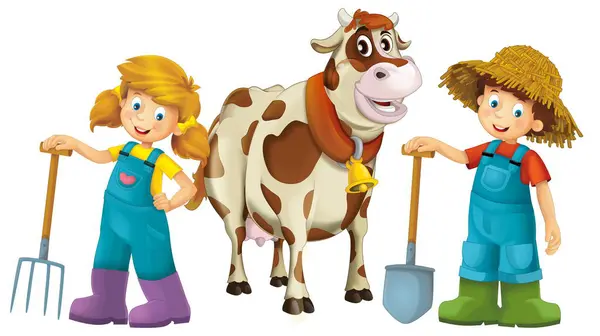 Kreslená Scéna Farmářskou Dívku Chlapce Stojící Vidlemi Farmářský Zvíře Kráva Royalty Free Stock Fotografie