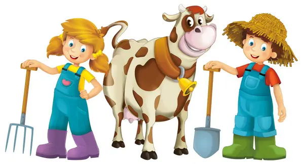 Cartoon Scene Farmer Girl Boy Standing Pitchfork Farm Animal Cow Royalty Free Stock Images