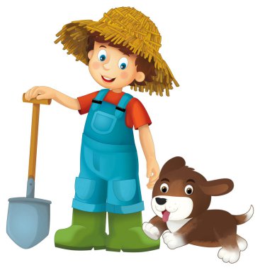 Çiftçi çocuğun elinde yaba ve çiftlik köpeğiyle durduğu karikatür sahnesi çocuklar için izole edilmiş.