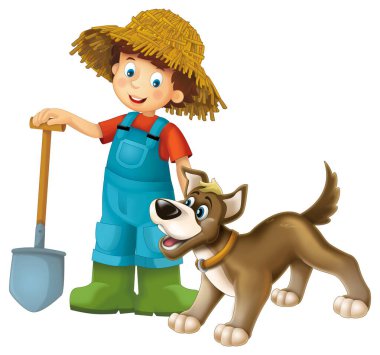 Çiftçi çocuğun elinde yaba ve çiftlik köpeğiyle durduğu karikatür sahnesi çocuklar için izole edilmiş.