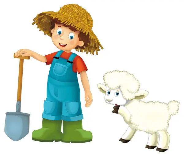 Cartoon Scene Farmer Boy Man Standing Pitchfork Farm Animal Sheep — Stock Photo, Image