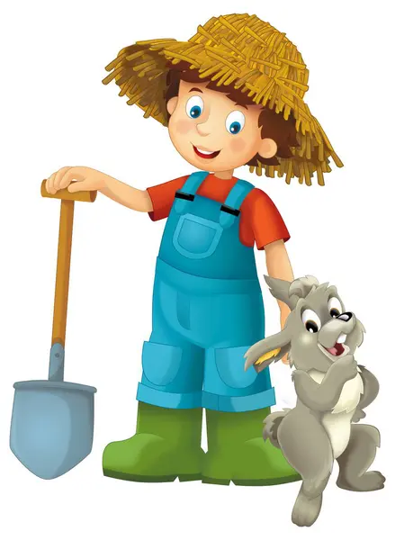 Karikatura Scéna Farmářem Chlapec Muž Stojící Vidlemi Farmy Zvíře Králík Royalty Free Stock Fotografie