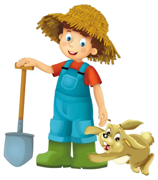 Karikatura Scéna Farmářem Chlapec Muž Stojící Vidlemi Farmy Zvíře Králík Stock Snímky