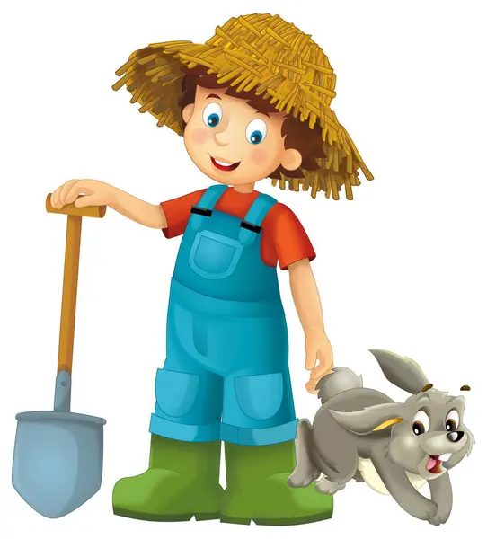 Karikatura Scéna Farmářem Chlapec Muž Stojící Vidlemi Farmy Zvíře Králík Royalty Free Stock Obrázky