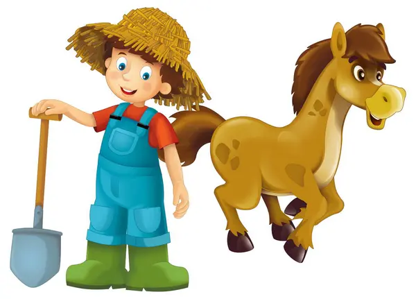Cartoon Scene Farmer Boy Man Standing Pitchfork Farm Animal Horse Royalty Free Stock Images