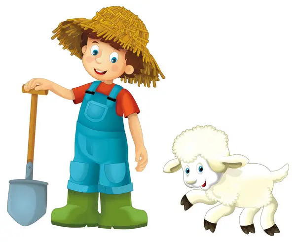Kreslené Scény Farmář Chlapec Muž Stojící Vidlemi Farmářské Zvíře Ovce Royalty Free Stock Obrázky