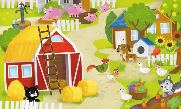 karikatür yaz sahnesi çiftlik bahçesi ve mutlu hayvanlar tavuk kümesi ya da çocuklar için domuz ahırı illüstrasyonu