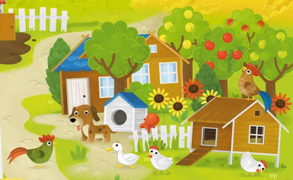 Karikatura Letní Scéna Farmářským Ranč Výběh Zahrada Šťastná Zvířata Stodola Royalty Free Stock Obrázky