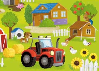 Çiftlik bahçesi ve mutlu hayvanların barındığı tavuk kümesi ya da çocuklar için araba traktörü çizimi olan domuz ahırı.