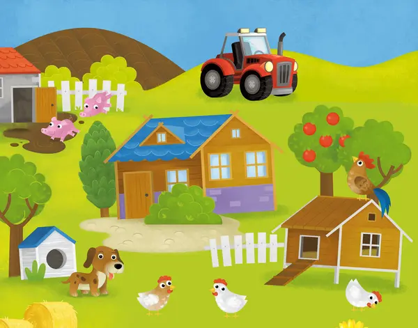 Cartoon Sommer Szene Mit Bauernhof Ranch Gehege Hinterhof Garten Und Stockfoto