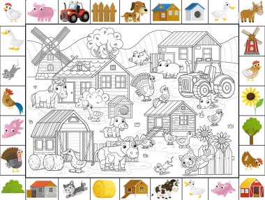 Çiftlik köyü binalarının olduğu çizgi film sahnesi yel değirmeni ahır tavuk kümesi hayvanlar inek atı, köpek ve traktör çizimleri çocuklar için çizimler.