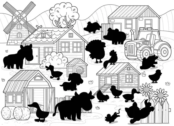 Cartoon Scene Met Boerderij Ranch Dorp Gebouwen Windmolen Kippenren Dieren Stockafbeelding
