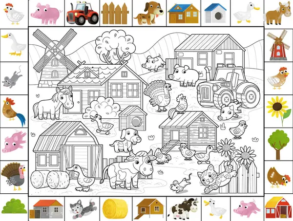 Cartoon Scene Farm Ranch Village Buildings Windmill Barn Chicken Coop Stock Image