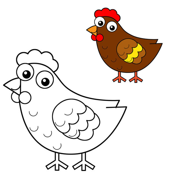 Cartoon happy farm animal cheerful hen chicken bird running isolated background with colorful preview with sketch drawing illustration for kids