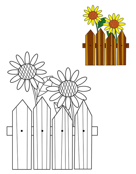 Cartoon Scene Farm Ranch Fence Wooden Sketch Drawing Sunflowers Isolated Stock Picture