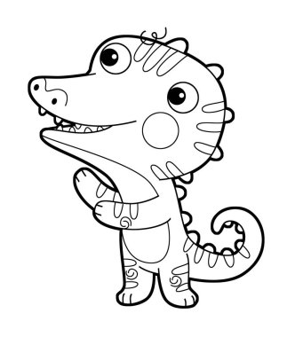 Komik dinozor kertenkele çocuk ile çizgi film sahnesi. Anaokulunda izole edilmiş siyah-beyaz çizimleri oynarken eğleniyor.