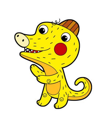 Komik dinozor kertenkele ejder çocukla çizgi film sahnesi. Anaokulunda izole edilmiş resimlerle oynarken eğleniyor.