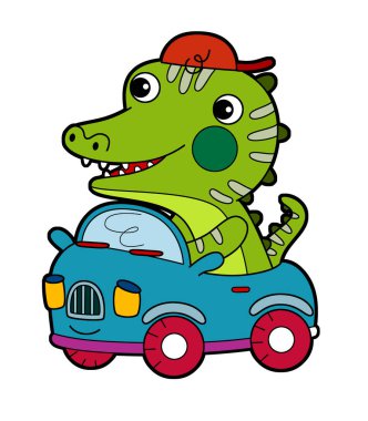 Komik dinozor kertenkele ejder çocukla çizgi film sahnesi. Anaokulunda izole edilmiş resimlerle oynarken eğleniyor.