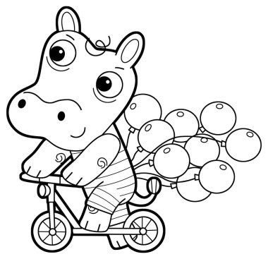 Mutlu ve komik hipopotamların olduğu bir çizgi film sahnesi. Anaokulu çocuğu ya da çocuğu gibi. İzole edilmiş arka plan çizimleriyle eğleniyorlar.