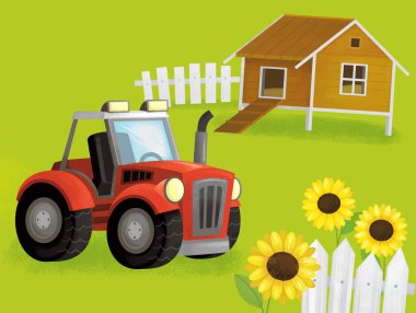 cartoon summer scene with farm ranch enclosure backyard garden and happy animals barn chicken coop or pigsty with car vehicle tractor illustration for kids clipart