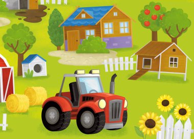 Çiftlik bahçesi ve mutlu hayvanların barındığı tavuk kümesi ya da çocuklar için araba traktörü çizimi olan domuz ahırı.