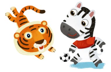 Mutlu küçük erkek kaplan kedi ve toplu zebra atın çocuklar için beyaz arka planda eğlendiği karikatür sahnesi.