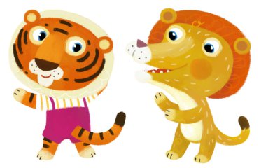 Mutlu küçük kaplan çocuk ve aslan arkadaşının beyaz arka planda eğlendiği karikatür sahnesi.