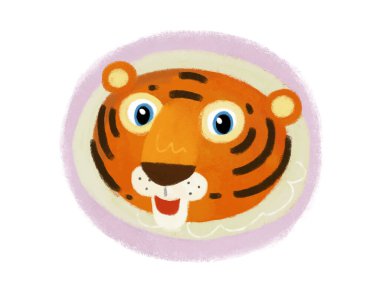 Hayvanat bahçesi kaplan kedi kafası rozetli karikatür sahnesi çocuklar için izole edilmiş.