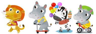 Çizgi film sahnesinde küçük çocuk aslan kedi balıkçısı ve su aygırı scooter 'da çocuklar için beyaz arkaplanda balık tutarken eğleniyorlar.
