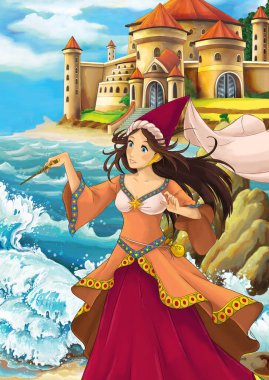 Deniz ya da okyanusun olduğu karikatür sahnesi ve kalenin yakınındaki prensesin çocuklar için insan illüstrasyonuyla buluşması.