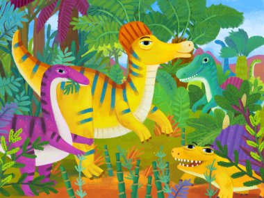 Mutlu tarih öncesi dinozorların olduğu çizgi film sahnesi. Çocuklar için orman illüstrasyonunda yaşayan dinozorlar.