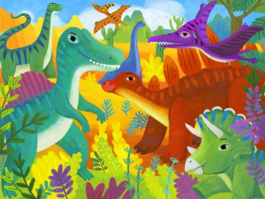 Mutlu tarih öncesi dinozorların olduğu çizgi film sahnesi. Çocuklar için orman illüstrasyonunda yaşayan dinozorlar.