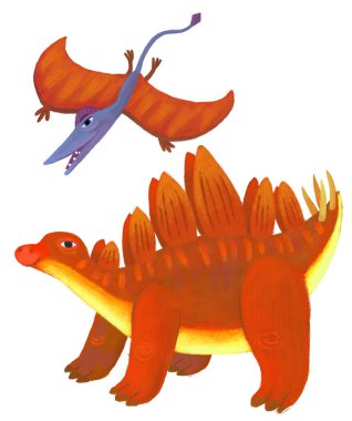 cartoon happy and funny colorful prehistoric dinosaur dino stegosaurus and quetzalcoatlus pterodactyl bird flying isolated illustration for children clipart