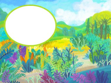 Karikatür doğa sahnesi, çocuklar için dinozor resimli orman ormanıyla sınır şablonu.