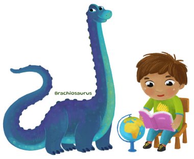 cartoon happy and funny colorful prehistoric dinosaur dino brachiosaurus isolated illustration for kids with child pointing on animal and reading learing school book of natural history clipart